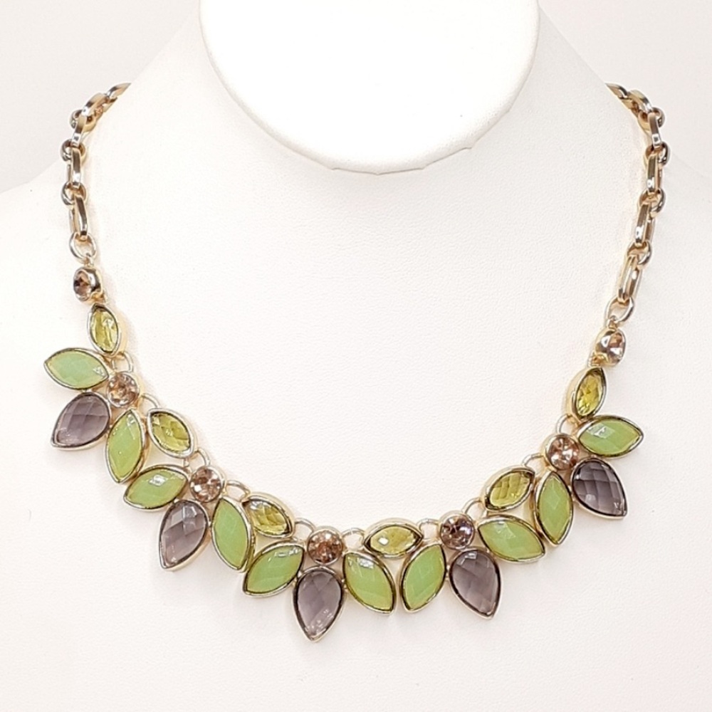 Anne Klein Vintage Green & Smoky Topaz Leaf Collar Statement Toggle Necklace